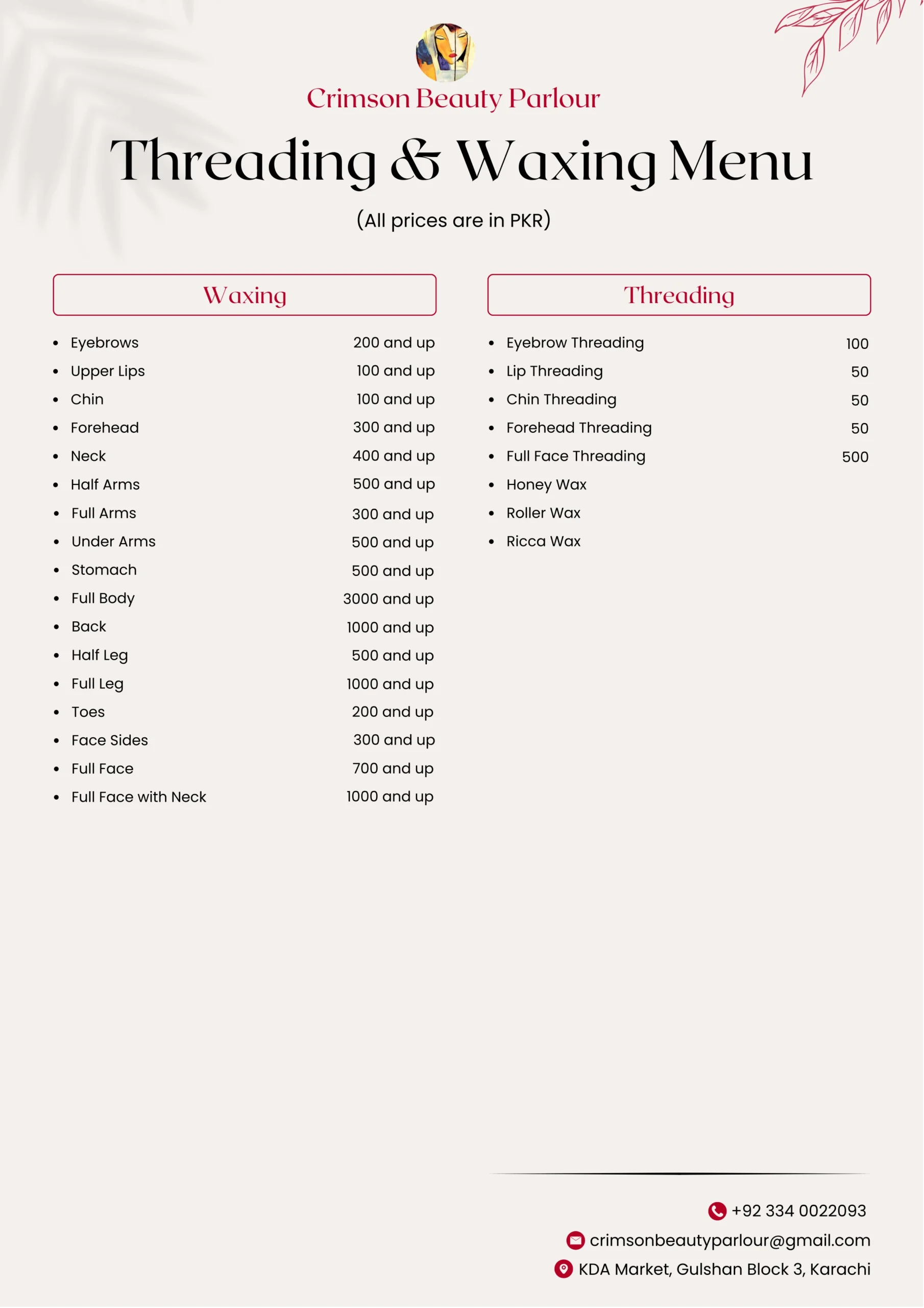 Threading Waxing Menu